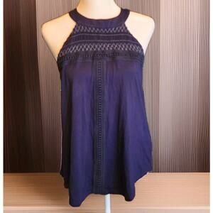 Cable Gauge Womens Small Summer Embroidered Navy Halter Top Vacation Cabin Lake
